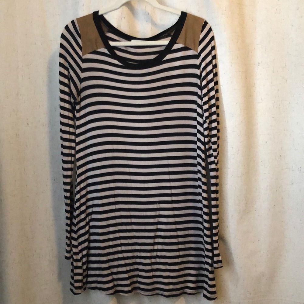 12 on Mon Ami striped dress brown suede shoulders